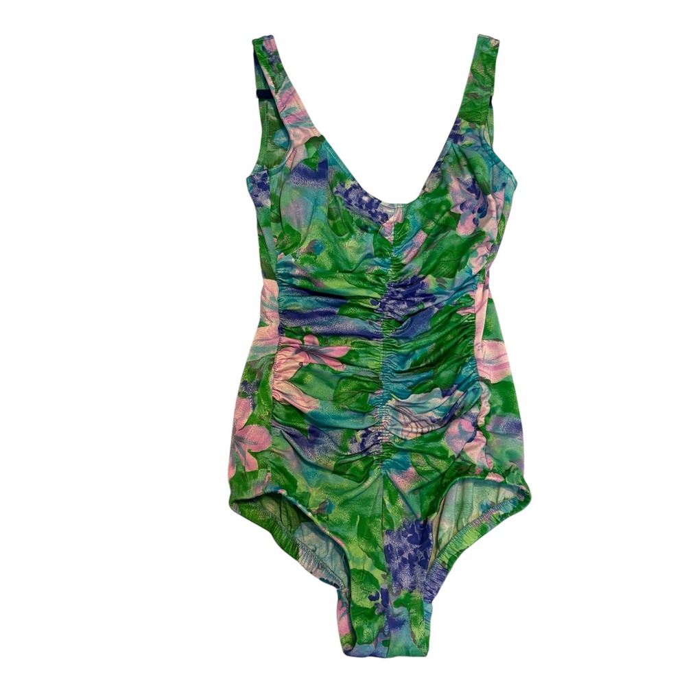 Roxanne One Piece Swimsuit Womens 14/36 B Green Floral Ruched Vintage USA